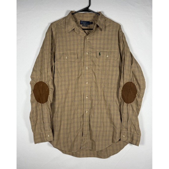 VTG Polo Ralph Lauren Shirt Mens XL Beige Check Button Elbow Patches Classic Fit - Picture 1 of 7